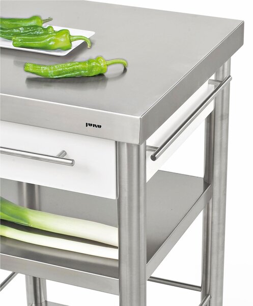 Carrello da cucina in pietra acrilica Bianca e top da lavoro in carpino bianco, dimensioni 50x50x h 90 cm peso 24 kg dimensioni cassetto 36x33xh 8,5 carpino bianco listellare