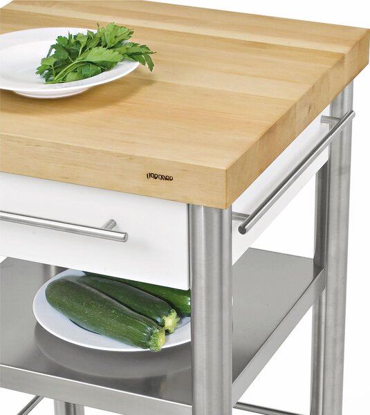 Carrello da cucina in pietra acrilica bianca e top da lavoro in carpino bianco, dimensioni 50x50x h 90 cm peso 24 kg dimensioni cassetto 36x33xh 8,5