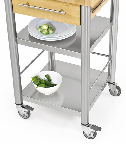 Carrello da cucina in acciaio inox con cassetto due piani , dimensioni 50x50x h 95 cm peso 38 kg con tagliere piano di lavoro carpino carpino bianco tassellato