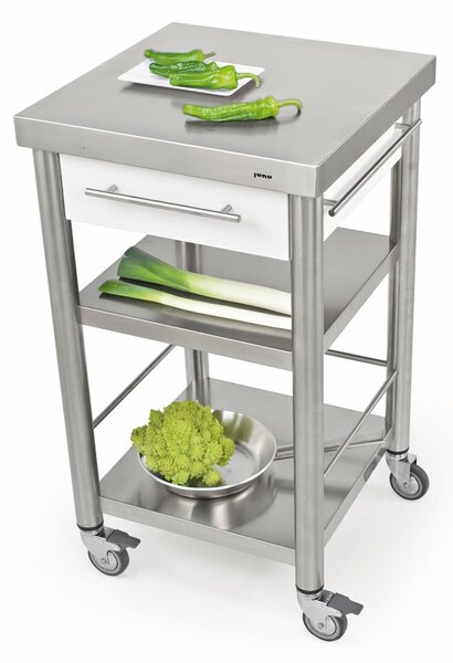 Carrello da cucina in pietra acrilica Bianca e top da lavoro in carpino bianco, dimensioni 50x50x h 90 cm peso 24 kg dimensioni cassetto 36x33xh 8,5 carpino bianco listellare