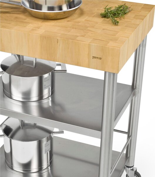 Carrello da cucina in acciaio inox due piani senza cassetti dimensioni 70x50x h 95 cm peso 41 kg con tagliere carpino bianco listellare