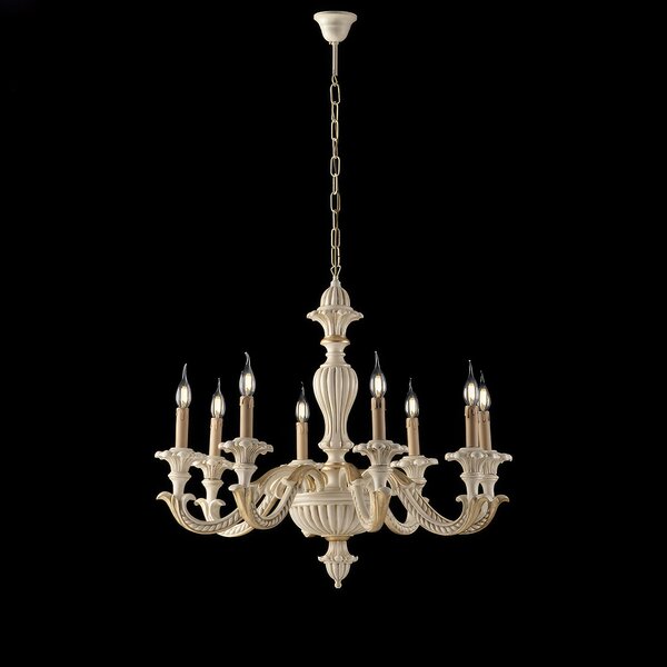 Lampadario Leonardo in Legno Avorio e Foglia Oro 74xh130 cm, 6 Luci E14, Avorio Foglia Oro