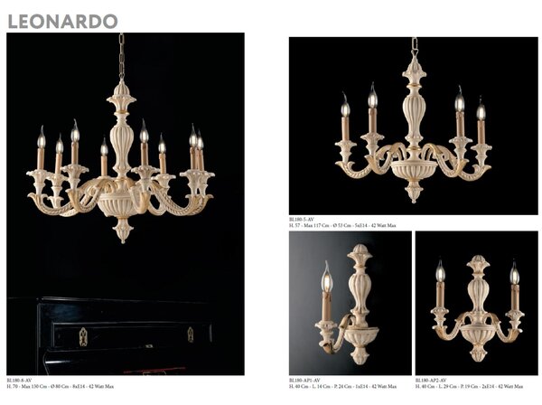 Lampadario Leonardo in Legno Avorio e Foglia Oro 70x130x�80 cm, 8xE14 - 42 Watt Max - Colore Avorio Foglia Oro