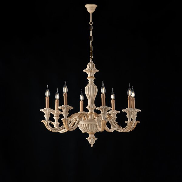 Lampadario Leonardo in Legno Avorio e Foglia Oro 70x130x�80 cm, 8xE14 - 42 Watt Max - Colore Avorio Foglia Oro