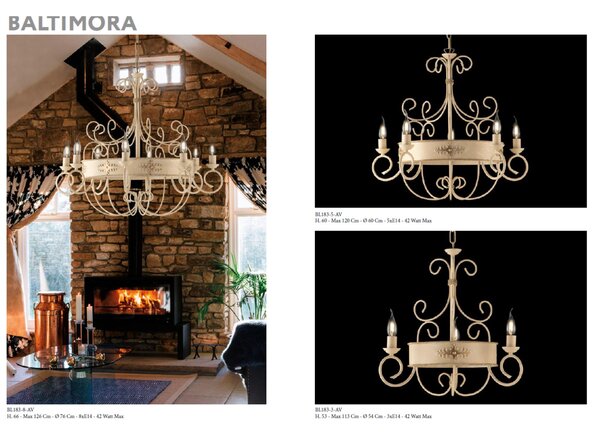 Lampadario Baltimora in Ferro Laccato Nero e Ruggine, 3 Luci, �54xH53-113 cm, 3xE14 - 42 Watt Max, Colore Nero Ruggine
