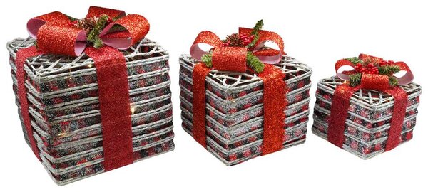 Set 3 Pacchi di Natale con LED in Plastica Rosso Glitterato