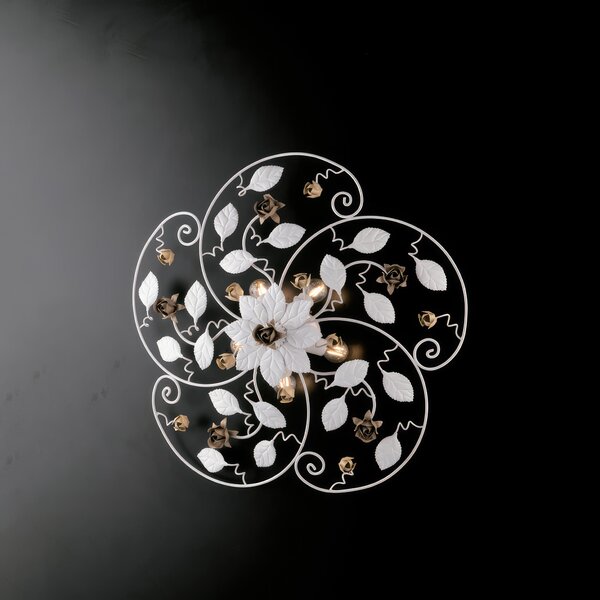 Plafoniera Bella in Ferro Laccato Bianco Shabby, 65xh22 cm, 5 Luci E14 - 42 Watt Max, Colore Bianco Shabby