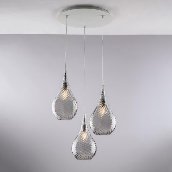 Sospensione Pluvia in Ferro con Vetri Pyrex Grigio, �50 x H41-141 cm, 3xE27 - 55 Watt Max, Colore Grigio