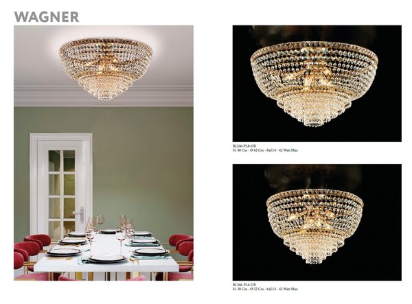 Plafoniera Wagner �52xH38 cm, Oro Lucido, in Ferro e Ottone Dorato con Strass, 6xE14 - 42 Watt Max