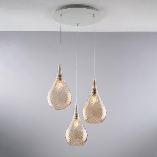 Sospensione Pluvia in Ferro con Vetri Ambra Pyrex, �50xH41 - MAX 141 cm, 3xE27 - 55 Watt Max, Colore Ambra