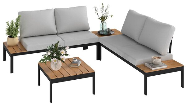 Set Salotto da Giardino Modulabile 2 Divanetti e 2 Tavolini in Metallo e Legno Composito Grigio Nero e Teak