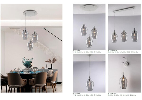 Sospensione Ares in Ferro con Vetri Ambra Pyrex, 41xMAX 141x�50 cm, 3xE27 - 55 Watt Max, Colore Ambra
