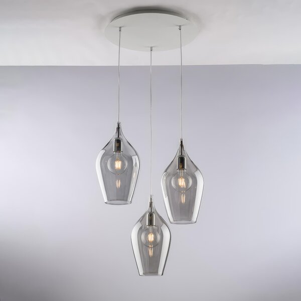 Sospensione Ares in Ferro con Vetri Grigio Pyrex, 3 Luci, H41-MAX141 �50 cm, Colore Grigio