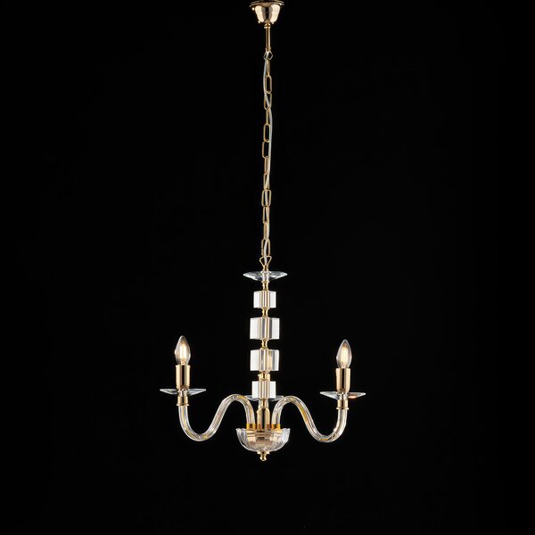Lampadario Franz 43x43xh110 cm, Cristallo Oro Lucido, Oro con Vetro Trasparente e Strass, 3xE14 - 42 Watt Max