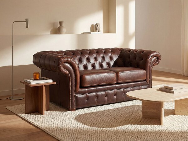 Divano 2 posti Chesterfield in pelle invecchiato - Marrone - CLOTAIRE