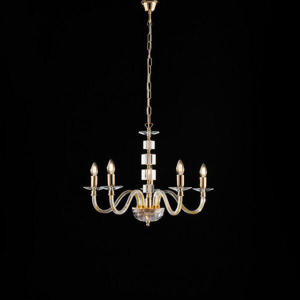 Lampadario Franz �60xH50-110 cm, 5 luci E14 - 42W max, Cristallo Oro Lucido con vetro trasparente e strass