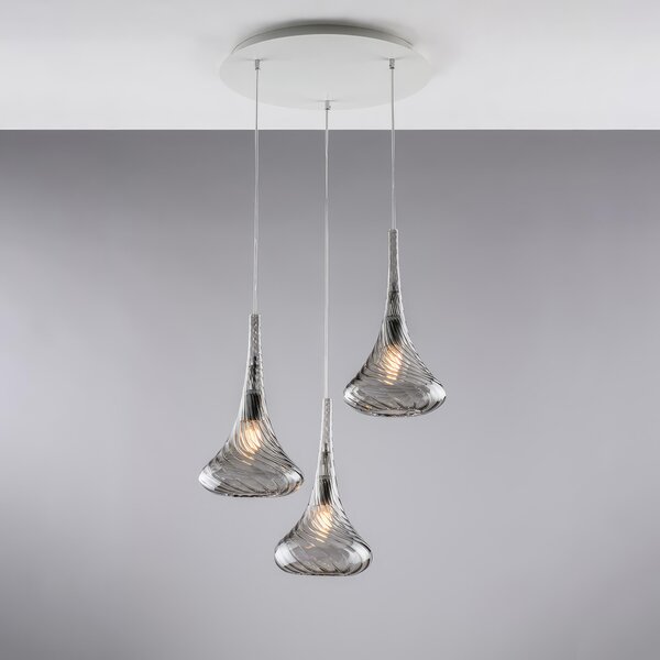 Sospensione Nemesi in Ferro con Vetri Grigio Pyrex, 50x50xh141 cm, 3xE27 - 55 Watt Max, Colore Grigio