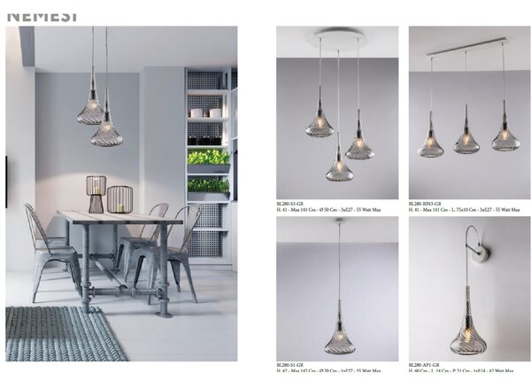 Sospensione in Ferro Nemesi �50xh41-141 cm, 3 Luci E27 - 55 Watt Max, Colore Ambra, Vetri Pyrex Ambra