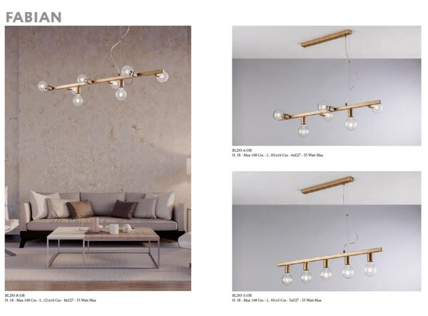 Sospensione Fabian in Ferro Laccato Bianco e Argento, 121x16xH18 Max 148 cm, 8xE27 - 55 Watt Max, Colore Argento
