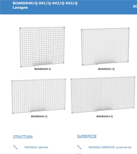Lavagna Magnetica in acciaio porcellanato con superficie quadrettata Dimensioni 120x100 cm - fissaggio a parete vaschetta porta accessori anodizzato silver