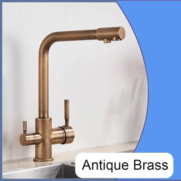 Rubinetto da cucina con filtro dell'acqua - Miscelatore a due manopole - Rubinetto per acqua potabile - Bocchetta girevole a 360° - Montaggio su un foro, finitura spazzolata - Ottone anticato