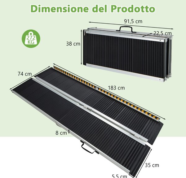 Costway Rampa per carrozzina con piastra di transizione e superficie antiscivolo, Rampa per soglie per gradini 183x74x8cm
