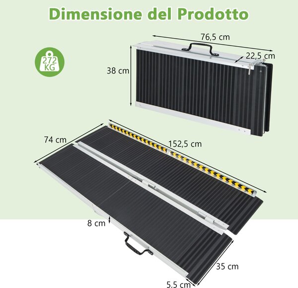 Costway Rampa per carrozzina con piastra di transizione e superficie antiscivolo, Rampa per soglie per gradini 152,5x74x8cm