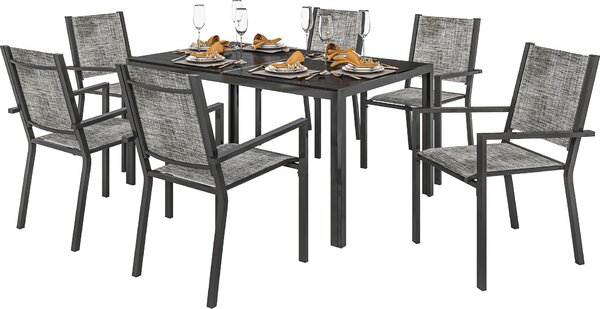 Set da Giardino 7 Pezzi con Tavolo Rettangolare e 6 Sedie Impilabili Traspiranti in Acciaio Grigio e Nero