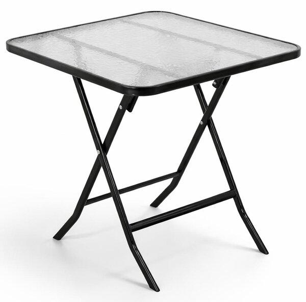 Tavolo Pieghevole Quadrato da Esterno 60x60x71cm con Struttura in Acciaio e Piano in Vetro Nero