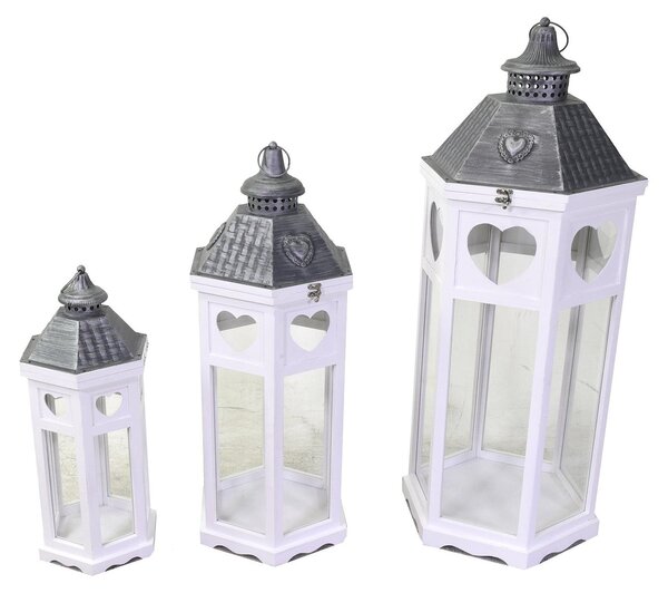 Set 3 Lanterne in Legno in Metallo bianco argento esagonale