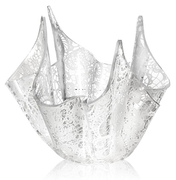 Vaso Forma Iconica in Plexiglass SLIM LEAVERS Linea DRAPPEGGI PIZZO , 22x22x h 21 cm - 0,2 kg Colore Trasparente /Bianco