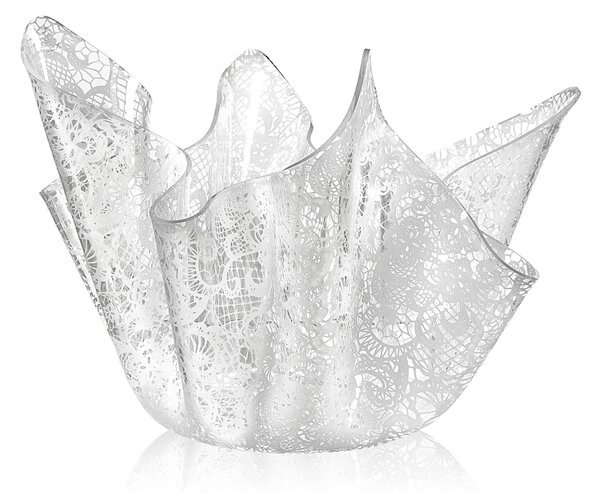 Vaso, Centrotavola, Forma Iconica in Plexiglass BIG LEAVERS Linea DRAPPEGGI PIZZO , 45x45x h 29 cm - 0,5 kg Colore trasparente /bianco