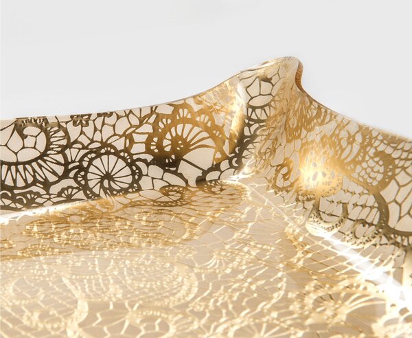 Vassoio da tavola portabicchieri, Dolci Portata BIG Plexiglass LEAVERS GOLD Linea DRAPPEGGI PIZZO , 55x32 h 5 cm - 0,5 kg Colore Oro