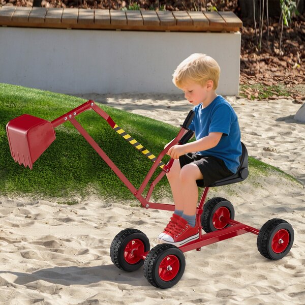 Costway Escavatore per sabbiera con comandi a 2 mani e pala flessibile, Escavatore per bambini schienale ergonomico Rosso