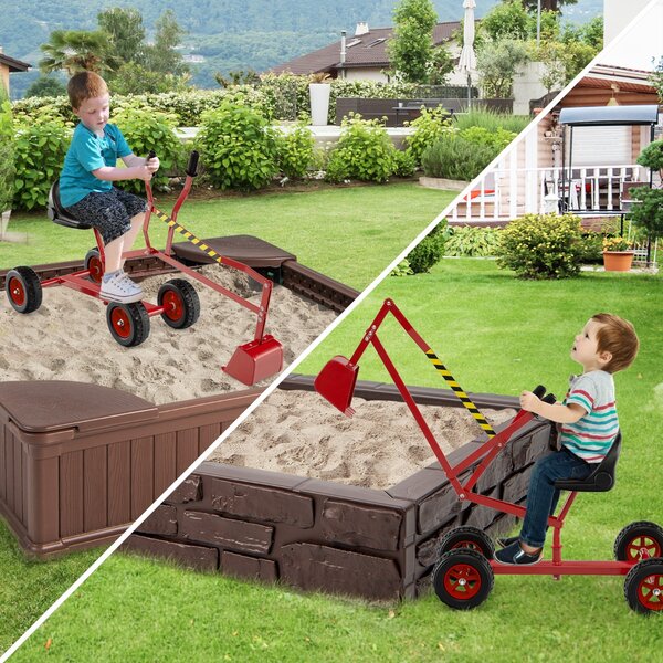 Costway Escavatore per sabbiera con comandi a 2 mani e pala flessibile, Escavatore per bambini schienale ergonomico Rosso