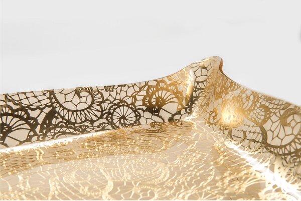 Vassoio da tavola portabicchieri, Dolci Portata SMALL Plexiglass LEAVERS GOLD Linea DRAPPEGGI PIZZO, 41x31 h 5 cm - 0,25 kg Colore Oro