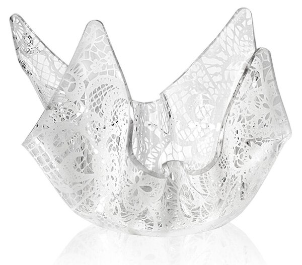 Vaso Forma Iconica in Plexiglass SMALL LEAVERS Linea DRAPPEGGI PIZZO , 21x17x h 14 cm - 0,35 kg Colore Trasparente/Bianco