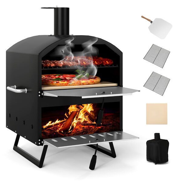 Costway Bruciatore pizza a 2 strati con pietra quadrata da cucina e copertura per campeggio, Forno per pizza a legna da esterno da 40 cm Nero e argento