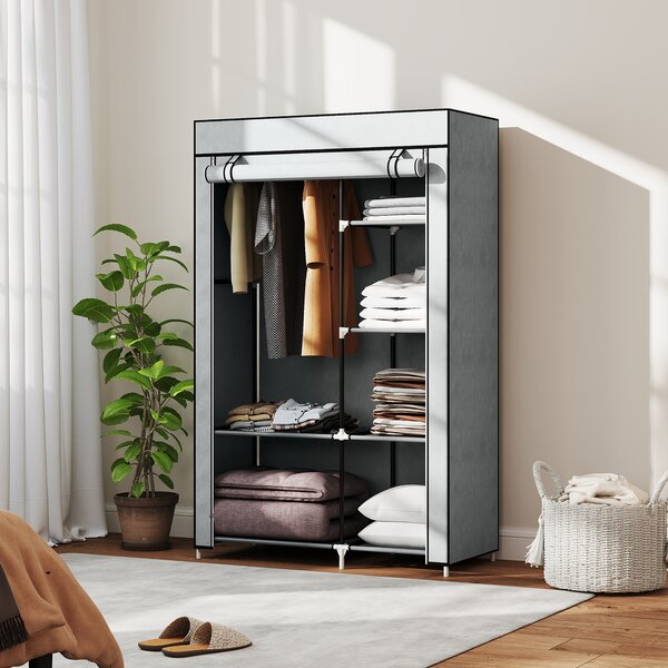 HOMCOM Armadio Guardaroba Portatile in Acciaio, Tessuto non Tessuto e PP, 6 Ripiani Aperti, 1 Appendino,Porta a Cerniera 103x43x162.5cm Grigio | Aosom