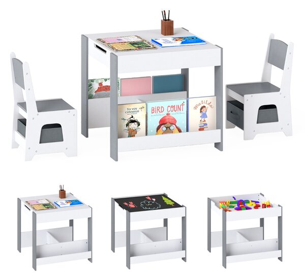 Costway Set tavolo e sedie per bambini per bambini con piano reversibile, Set tavolo scaffali e cassetti per disegno Grigio