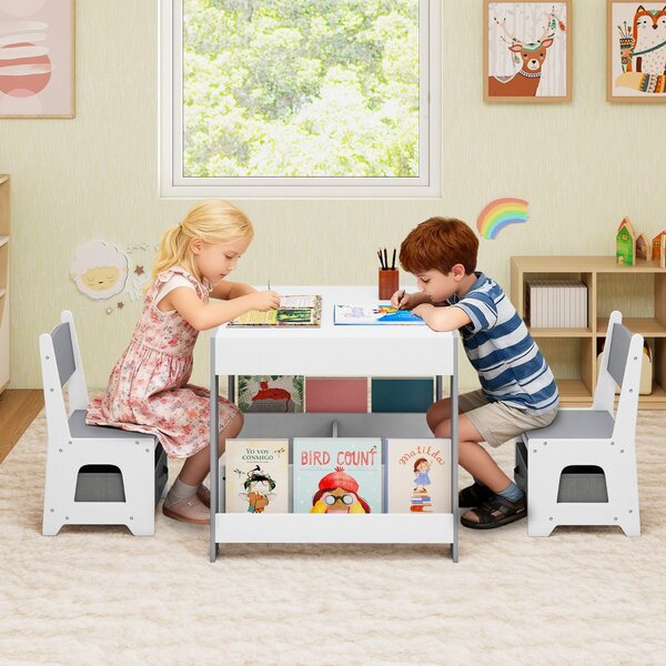 Costway Set tavolo e sedie per bambini per bambini con piano reversibile, Set tavolo scaffali e cassetti per disegno Grigio
