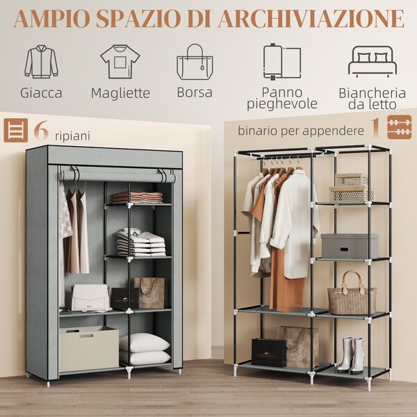 HOMCOM Armadio Guardaroba Portatile in Acciaio, Tessuto non Tessuto e PP, 6 Ripiani Aperti, 1 Appendino,Porta a Cerniera 103x43x162.5cm Grigio | Aosom