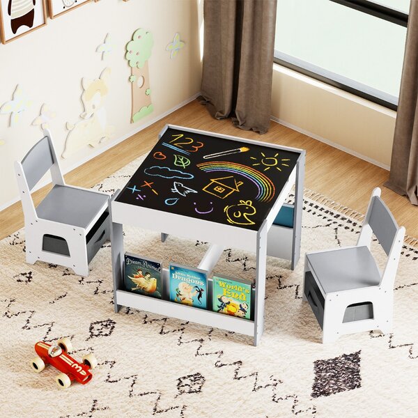 Costway Set tavolo e sedie per bambini per bambini con piano reversibile, Set tavolo scaffali e cassetti per disegno Grigio