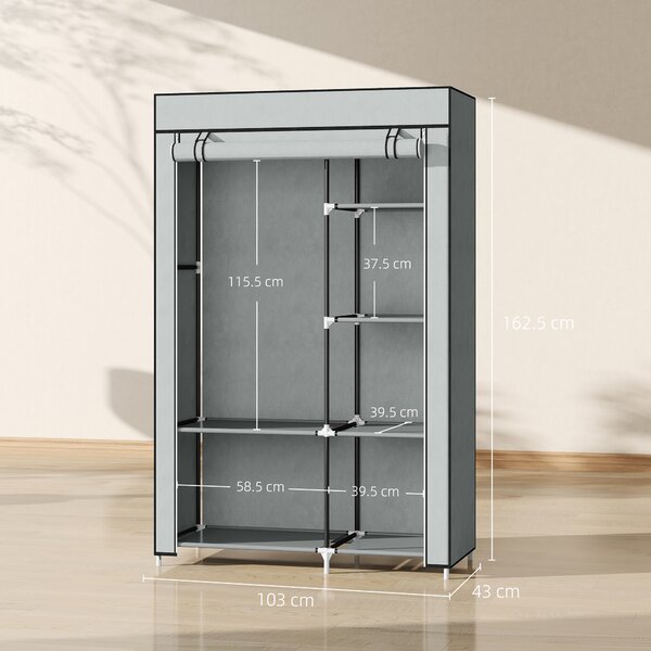 HOMCOM Armadio Guardaroba Portatile in Acciaio, Tessuto non Tessuto e PP, 6 Ripiani Aperti, 1 Appendino,Porta a Cerniera 103x43x162.5cm Grigio | Aosom