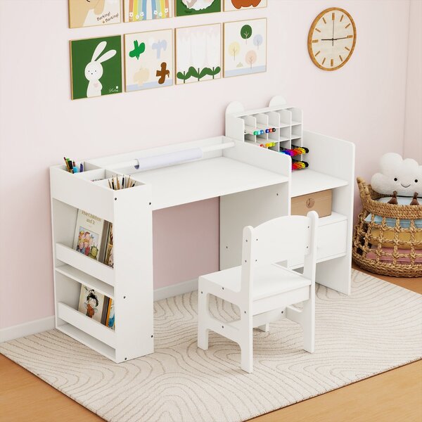 Costway Set tavolo e sedia per bambini con porta rotolo carta rimovibile con mobile cubo, Tavolo lettura e disegno Bianco