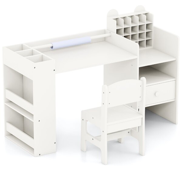 Costway Set tavolo e sedia per bambini con porta rotolo carta rimovibile con mobile cubo, Tavolo lettura e disegno Bianco