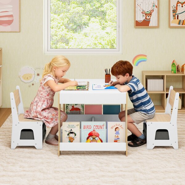 Costway Set tavolo e sedie per bambini per bambini con piano reversibile, Set tavolo scaffali e cassetti per disegno Legno naturale