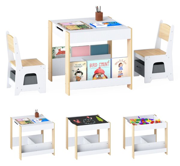 Costway Set tavolo e sedie per bambini per bambini con piano reversibile, Set tavolo scaffali e cassetti per disegno Legno naturale