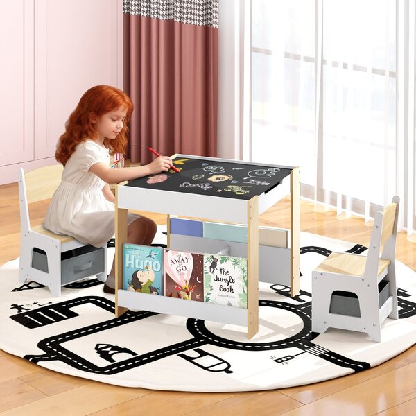 Costway Set tavolo e sedie per bambini per bambini con piano reversibile, Set tavolo scaffali e cassetti per disegno Legno naturale