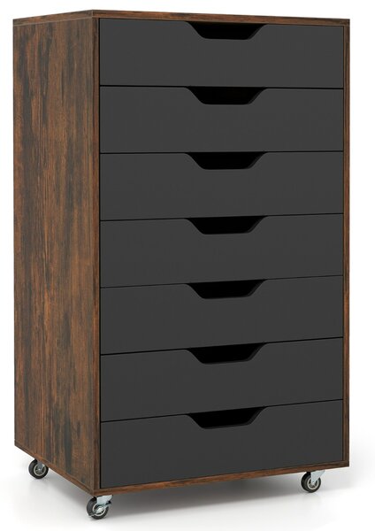 Costway Mobile con 7 cassetti organizzatore di documenti mobile con 4 ruote girevoli universali, Mobile comò verticale in legno Noce
